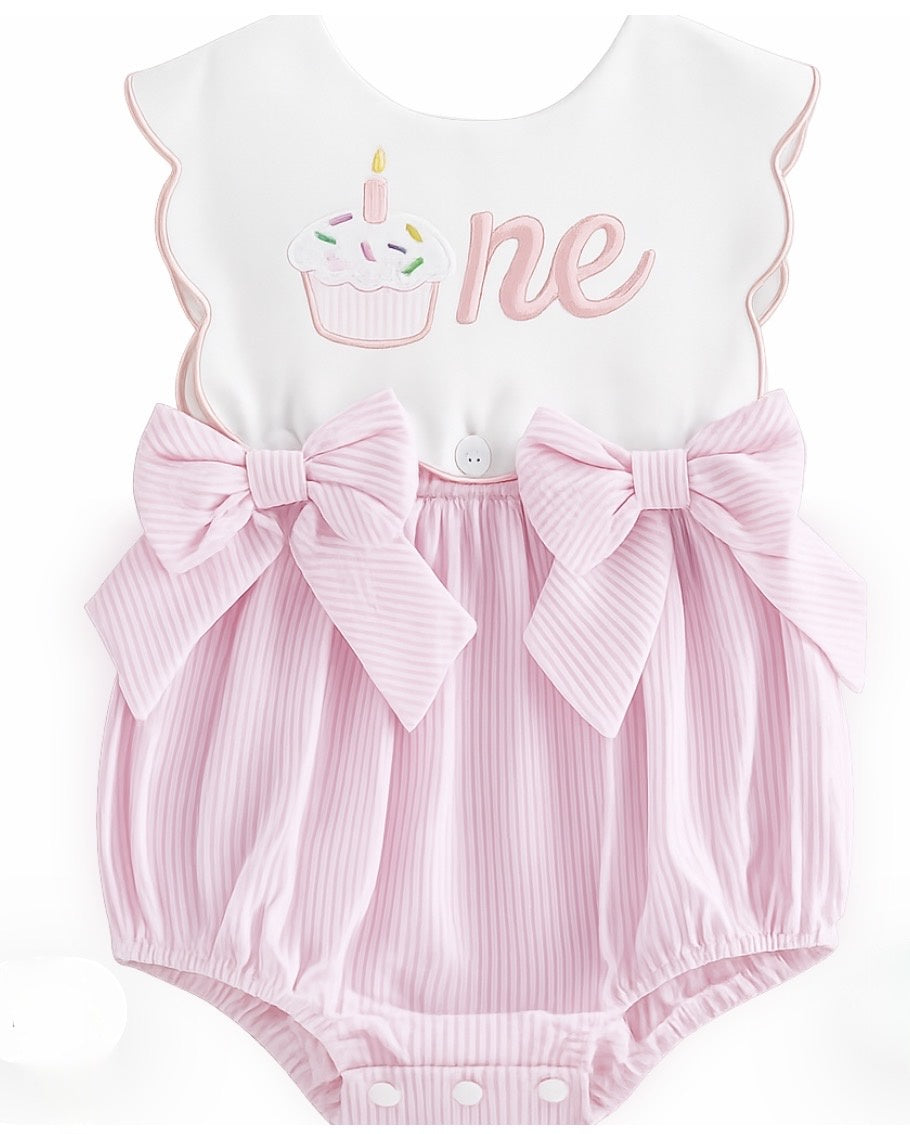 One Cupcake Bib Seersucker Romper