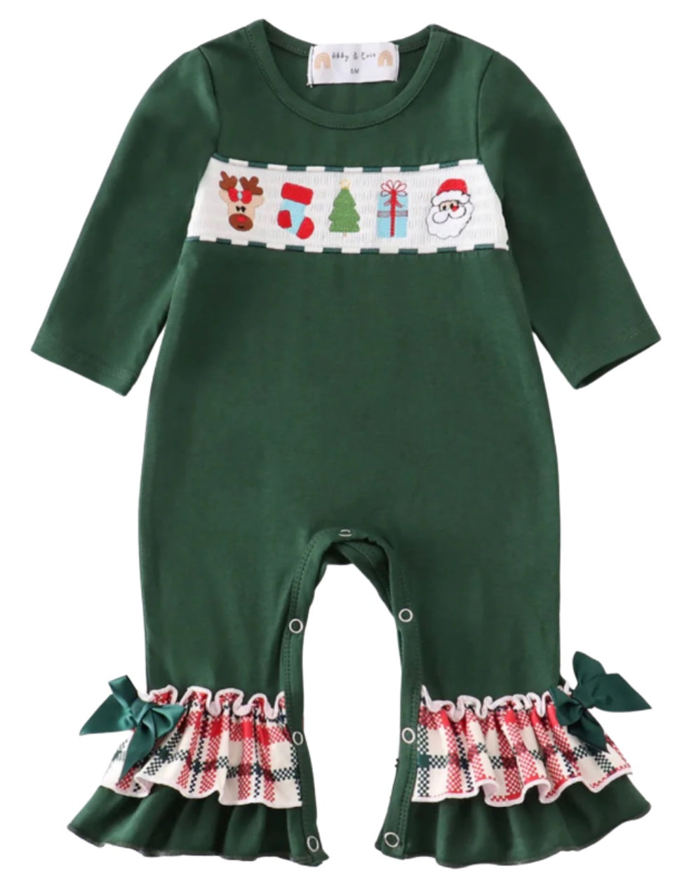 Smocked Green Christmas Ruffle Romper