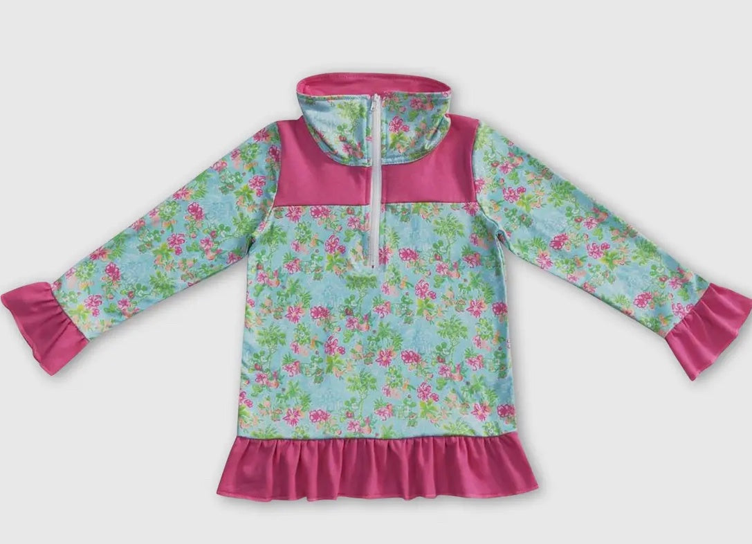 Hot Pink Watercolor Ruffle Pullover