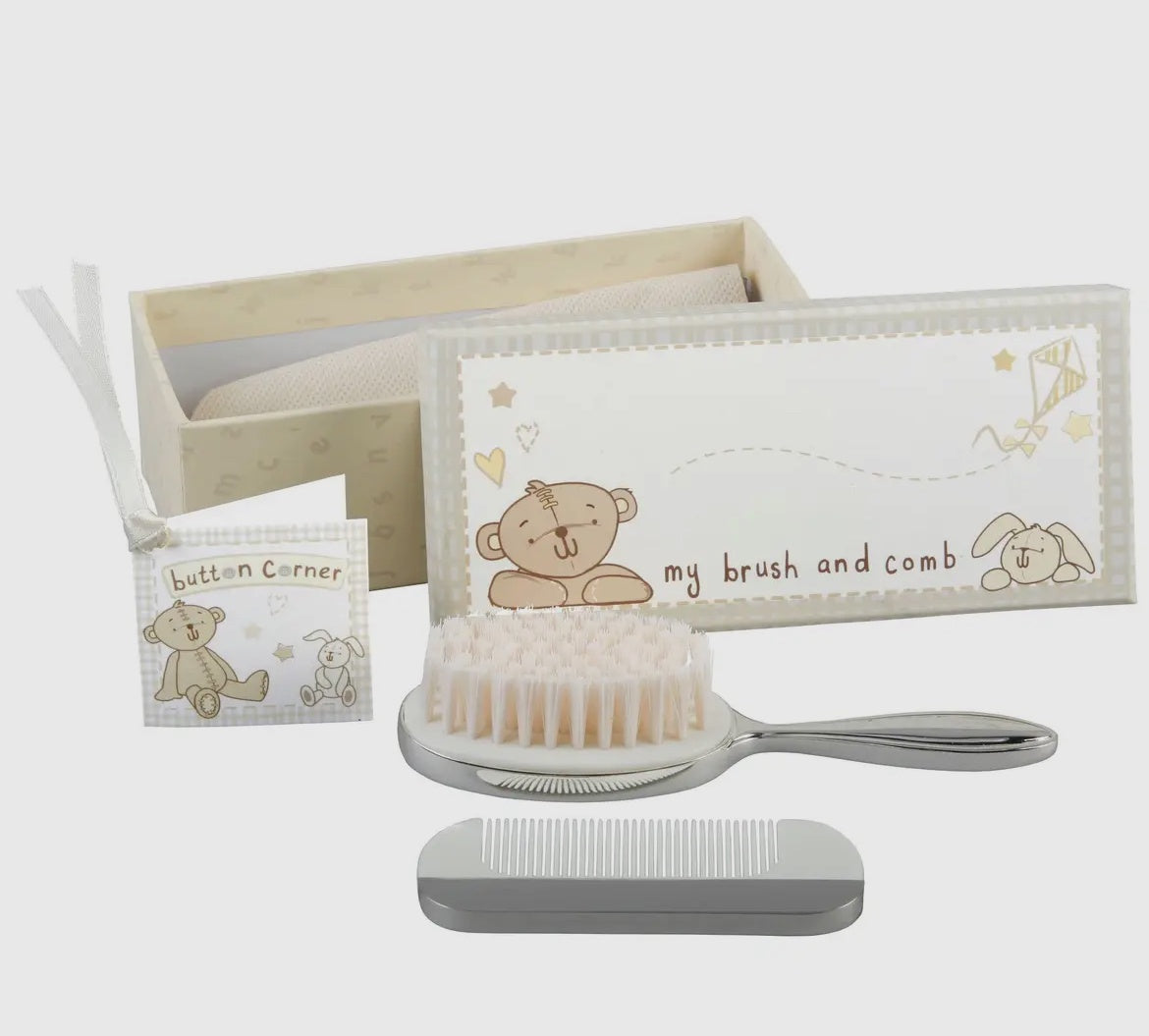 Silver Plated Button Corner Brush & Comb Set
