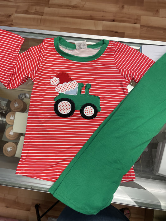Red Stripe Tractor Santa Hat Set