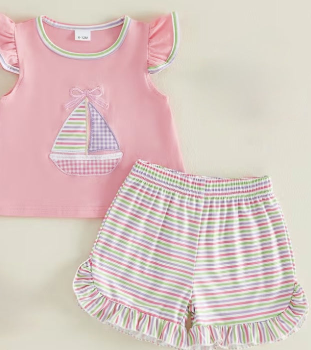 Pink Sailboat Applique Outfit