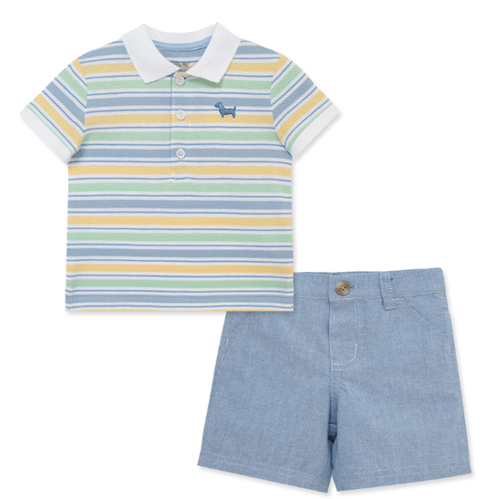 Little Me- Puppy Striped Polo Short Set