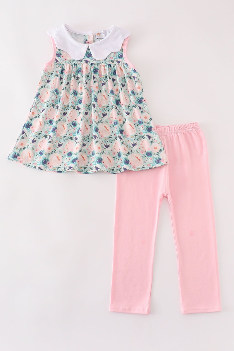 Sleeveless Green Floral Girls Outfit