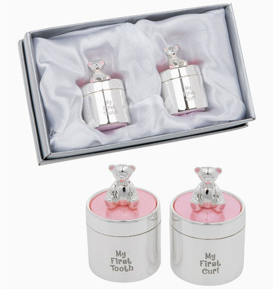 Pink Silver Enamel Teddy Bear First Tooth & Curl Set