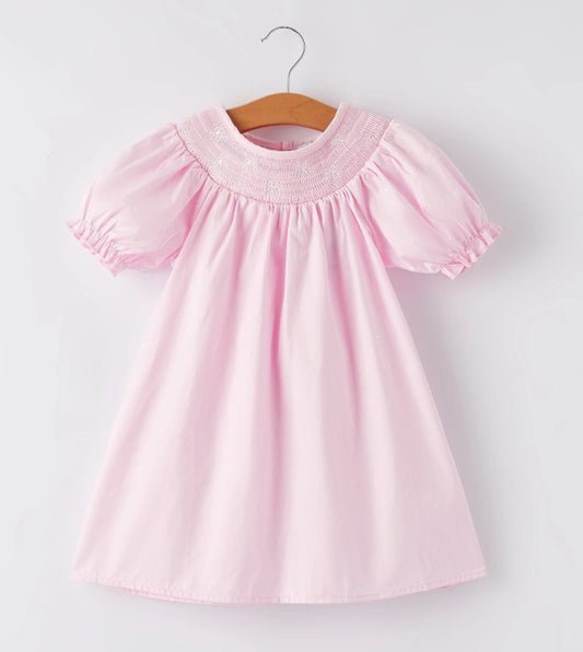 Girls Pink Smocked white bow embrd Dress