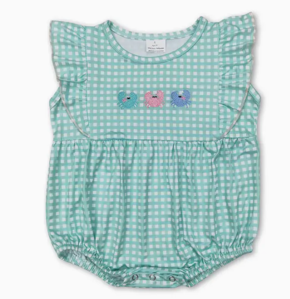 Pink & Aqua Gingham Crab Girls Romper