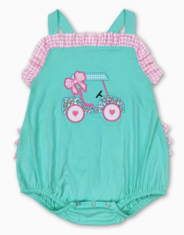 Mint & Pink Golf Cart Ruffle Butt Romper