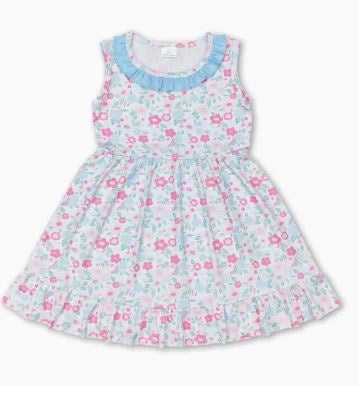 Blue & Pink Garden Ruffle Dress