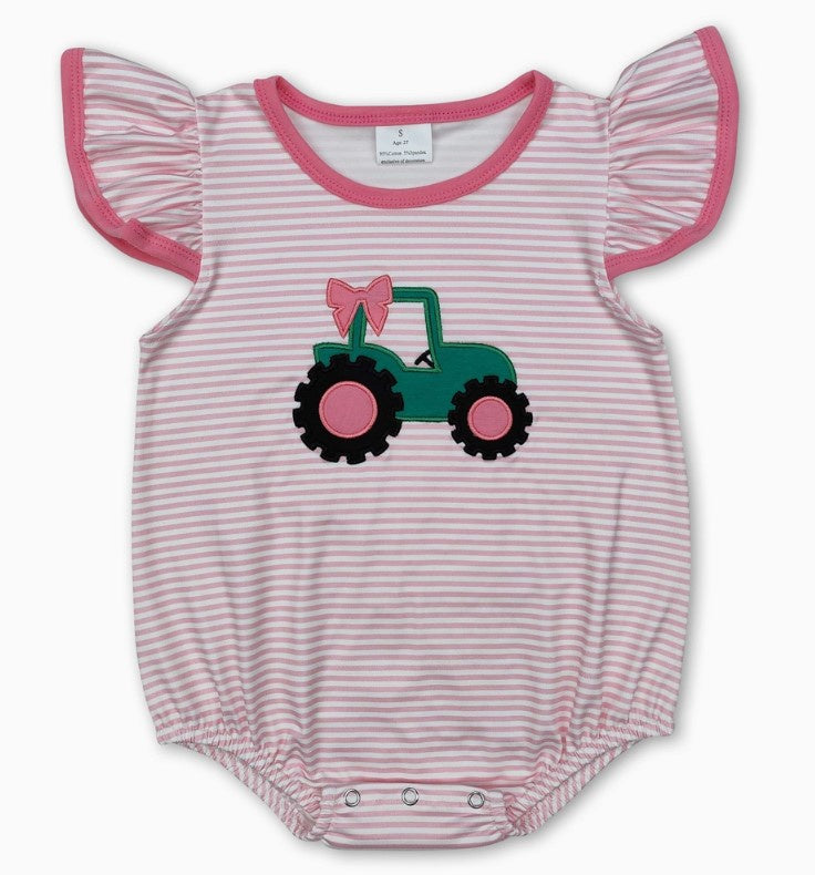 Pink Stripe SS Tractor Romper