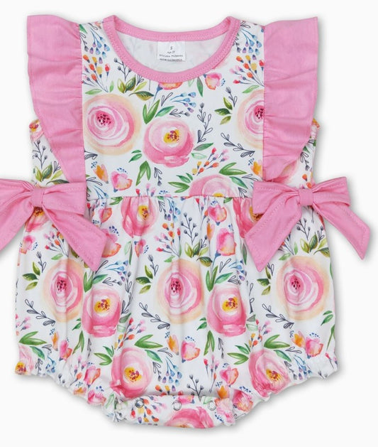 Bright Pink Floral Side Bow Romper