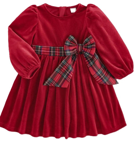Red Velvet Tartan Plaid Bow Dress
