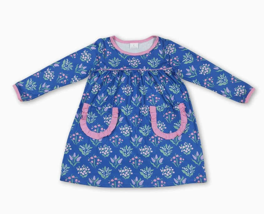 Royal Blue & Pink LS Floral Dress