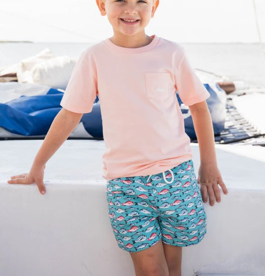 Saltwater Boys- Saint Simons Swim Trunk in Aqua Fish