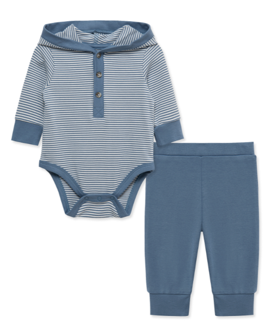Little Me- Blue Stripe Hooded Bodysuit & Pant Set