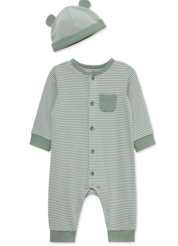 Green Stripe Footless Sleeper & Bear Hat Set
