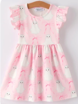 Pink Ghost & Bow Flutter Sleeve Dress