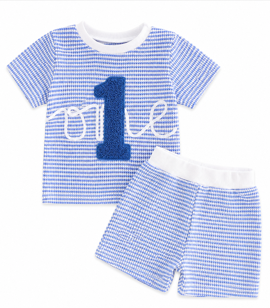 First Birthday Blule Stripe Chenille Outfit