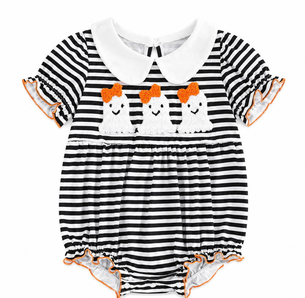 Peter Pan Collar Black & White Stripe Ghost Romper