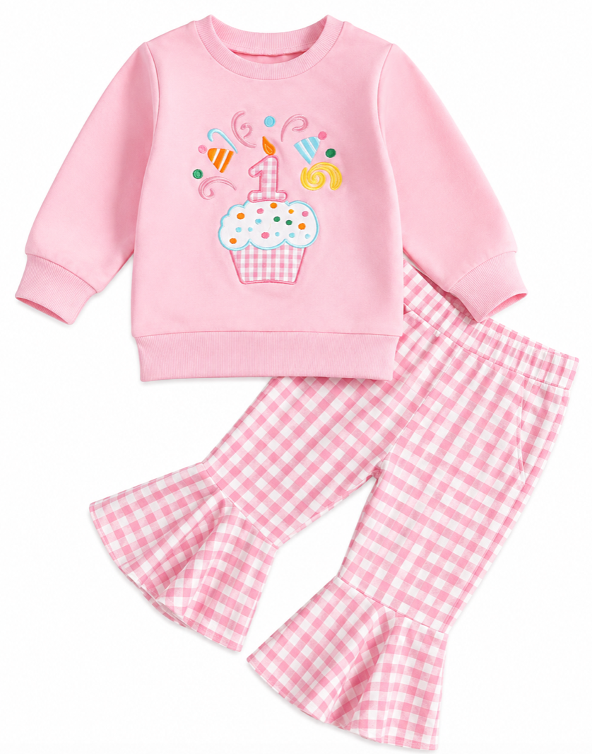 One LS Cupcake Gingham Pants Set
