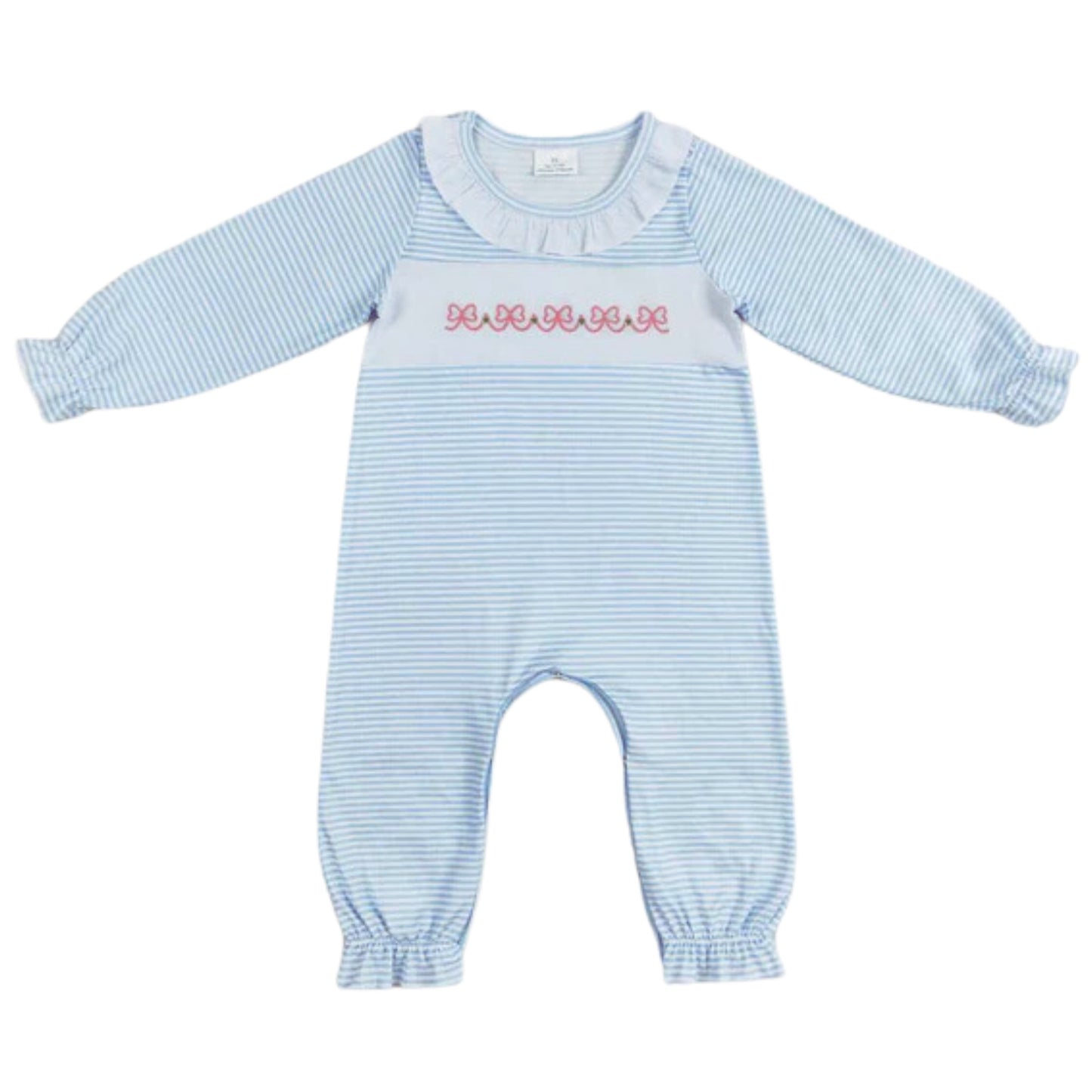Blue Stripe Embroidered Bow Romper