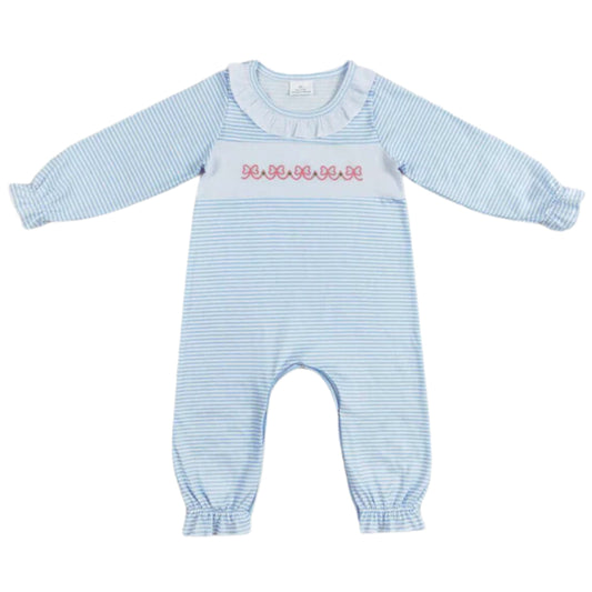 Blue Stripe Embroidered Bow Romper