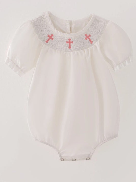 White Pink Smocked Cross Romper