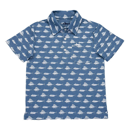 Saltwater Boys Inshore Performance SS Polo- Blue & White Fish