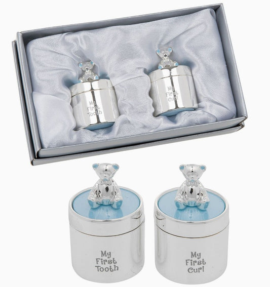Blue Silver Teddy Bear First Tooth & Curl Set