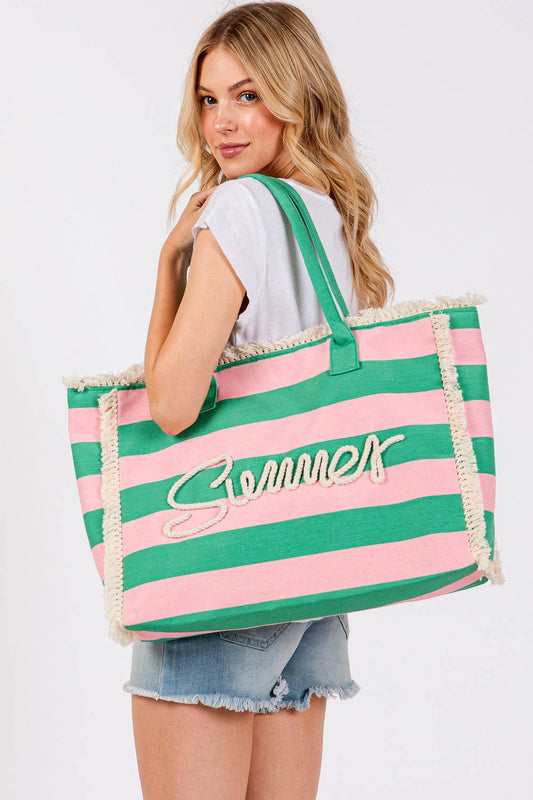 Striped Rope Summer Letter Tote Bag: Pink/Green