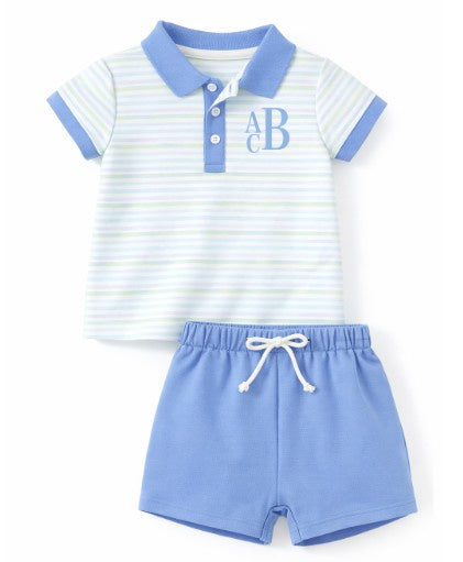 Blue & Green Stripe Boys Collard Monogram Set