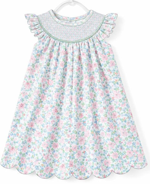 Pink & Green Smocked Scallop Hem Dress