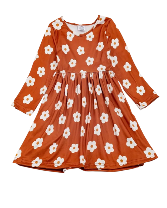 Rust Flower Long Sleeve Dress