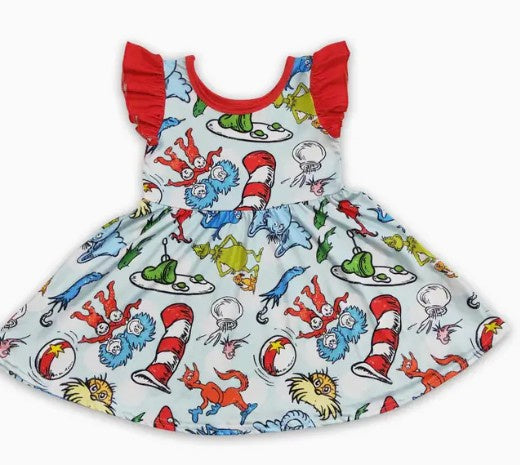 Red Flutter Sleeve Dr. Seuss Twirl Dress