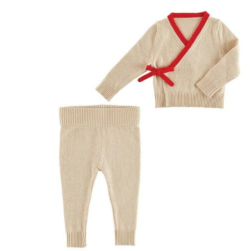 Beige & Red Knit Wrap Set