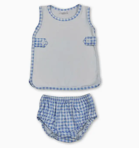 White Blue Gingham Boys Diaper Set